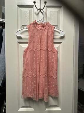 BCX Juniors' Victorian Style Lace Sleeveless High-Neck Blouse in Blush Pink